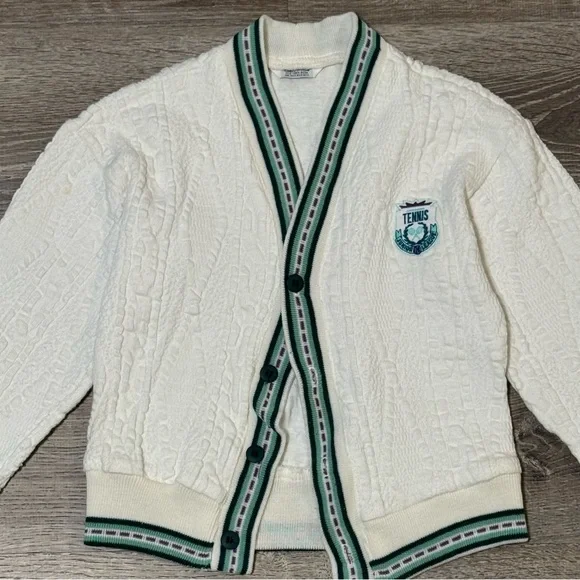 Vintage Varsity Tennis Cable Knit Toddler Cardigan button sweater - Picture 2 of 9
